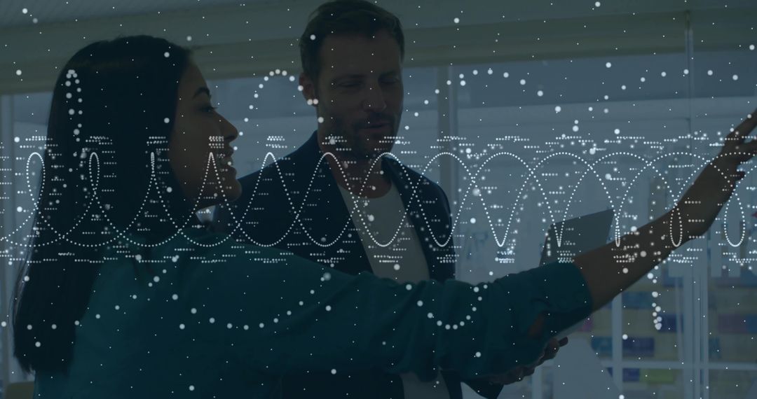 Colleagues Interacting with Futuristic Digital Data at Work