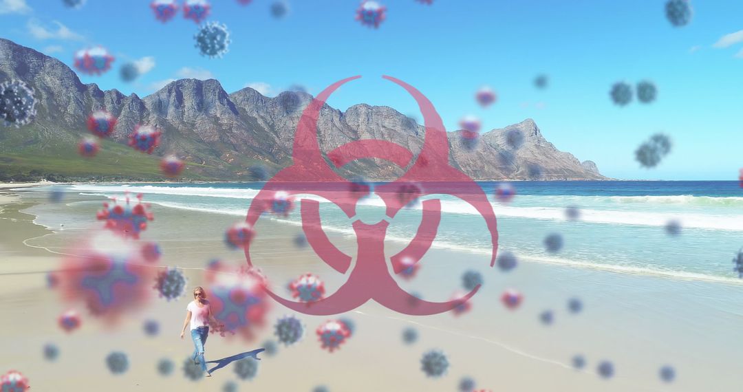 Person Walking on Beach with Virus Overlay Symbolizing Pandemic Impact
