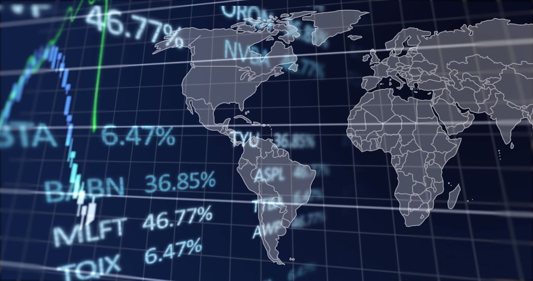 Global Financial Data Overlay with World Map on Digital Background