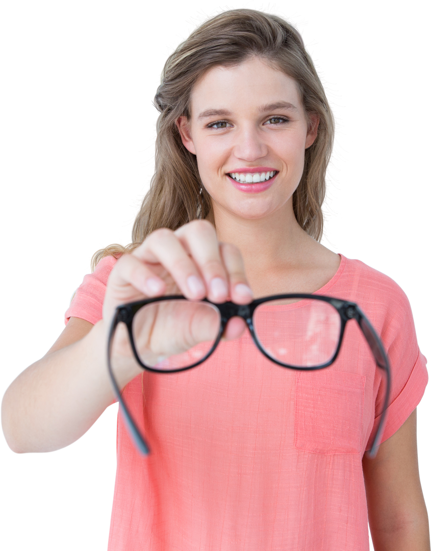 Smiling Woman Holding Eyeglasses Posing Against Transparent Background - Download Free Stock Images Pikwizard.com