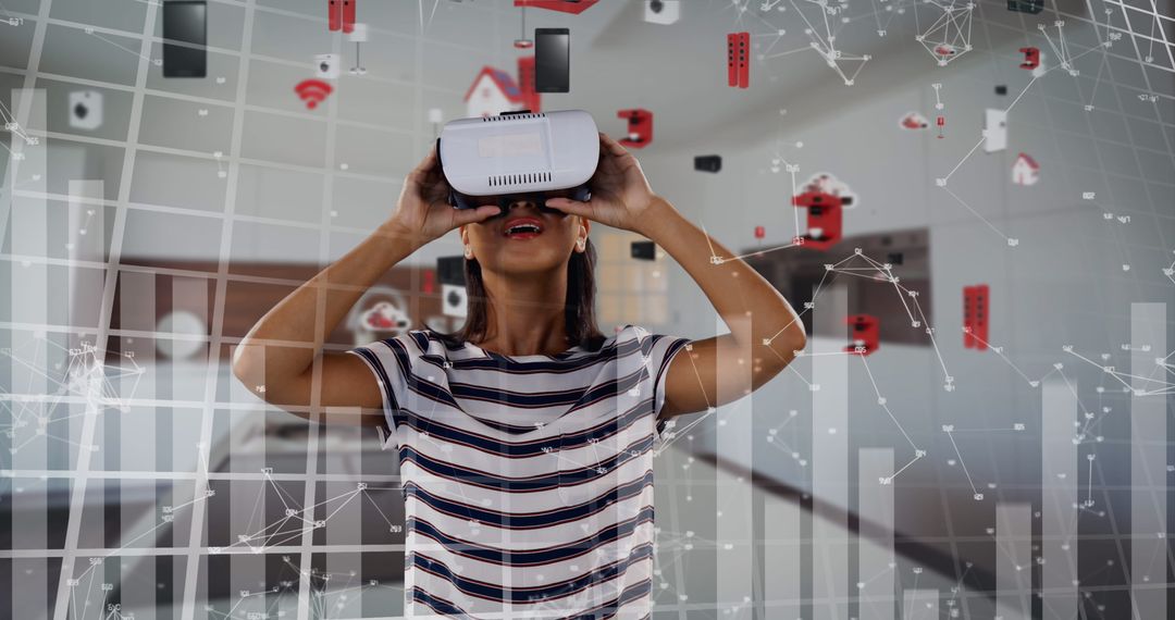 Woman Embracing VR Technology with Digital Data Interface