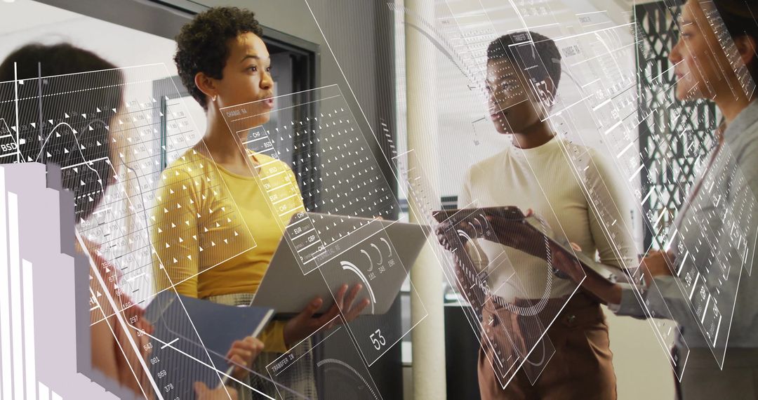 Diverse Business Team Navigating Data Analytics Overlay