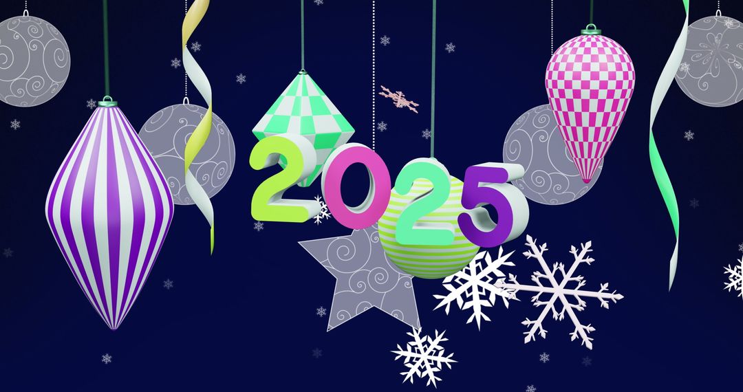 Festive 2025 with christmas ornaments and snowflakes