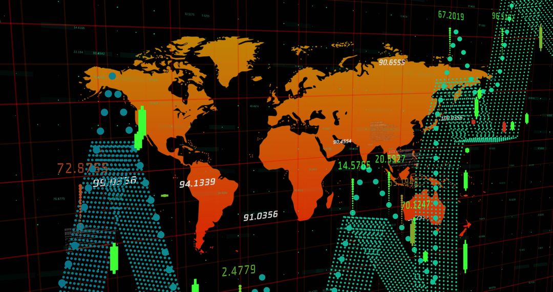 Global Finance and Trading Data Visualization on Black Background