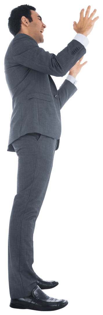 Transparent Stressed Businessman Raising Arms in Desperation