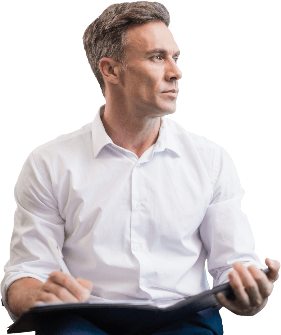 Thoughtful Businessman Holding Document with Transparent Background