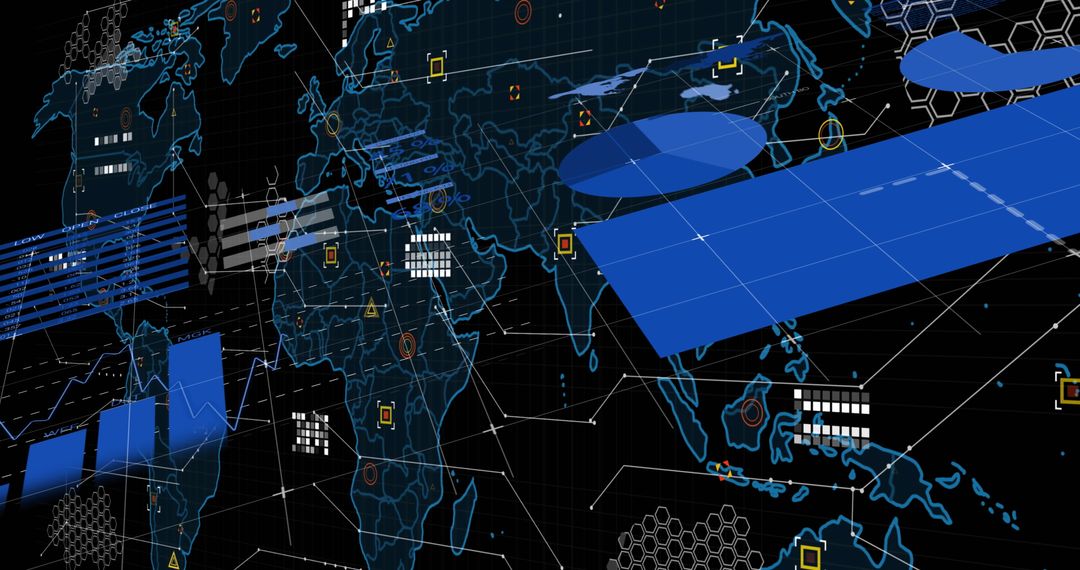 Futuristic World Map with 3D Data Visualizations in Digital Analytics