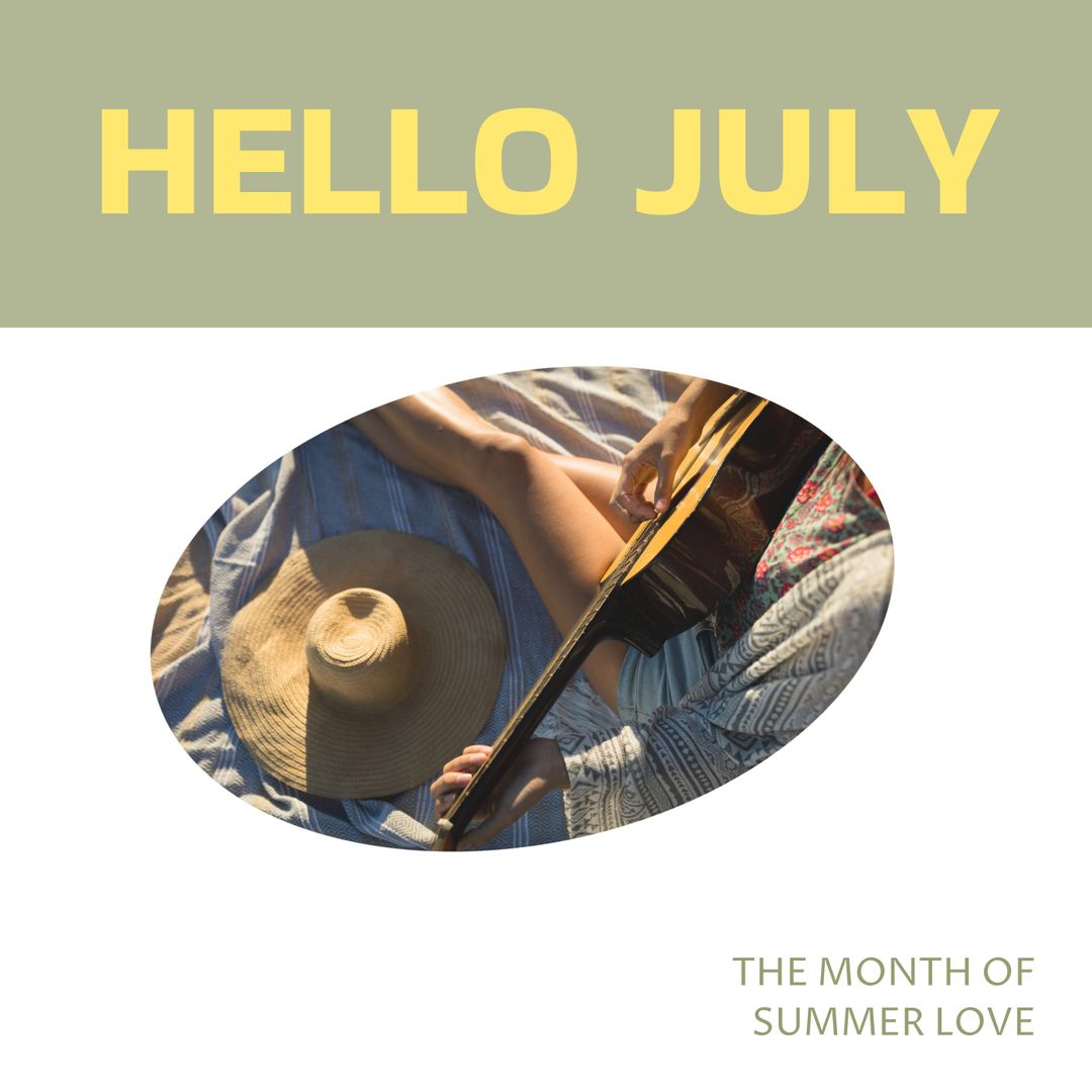 Woman Relaxing with Guitar on Beach in July Summer Vibes