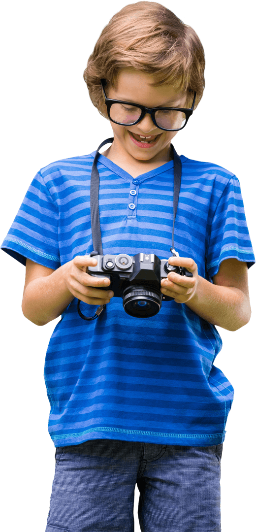 Smiling Young Boy Viewing Digital Camera Transparent Background