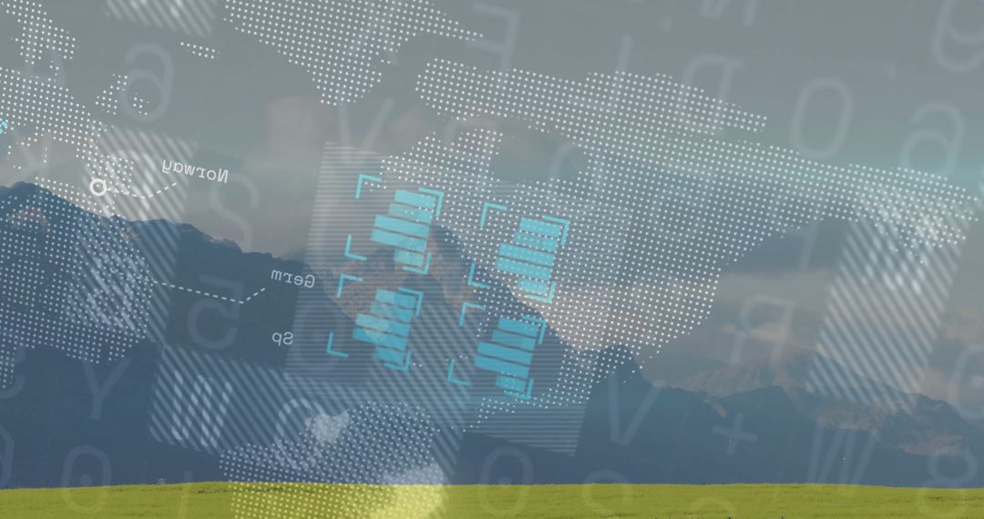 Futuristic World Map Overlay with Data Panels Over Meadow