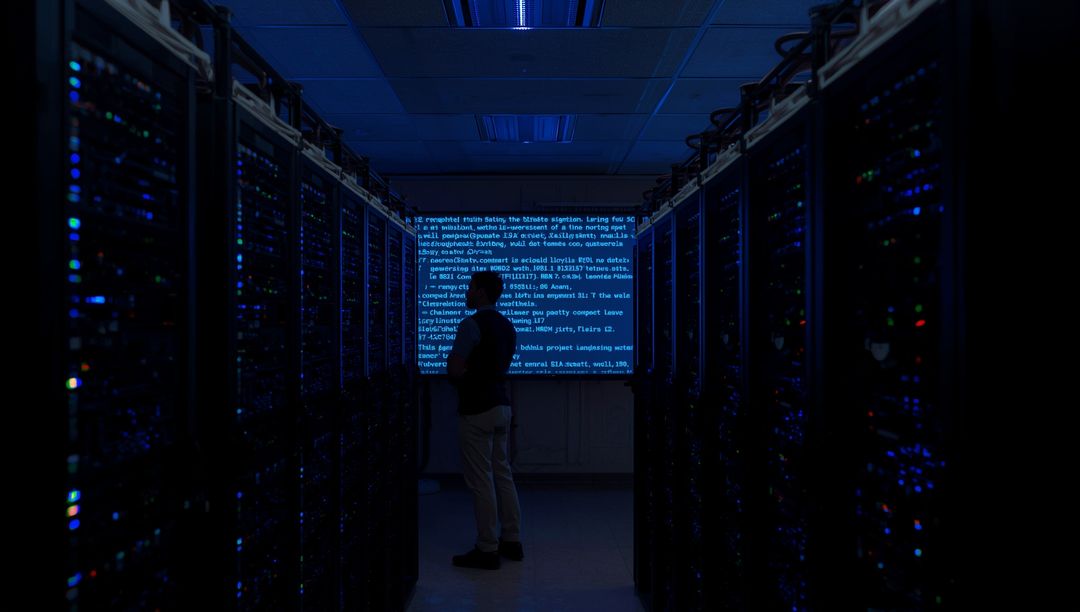 Technician Analyzing Code in Advanced Data Center Environment