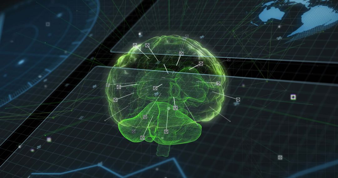 Futuristic Green Brain Wireframe with Complex Digital Interface