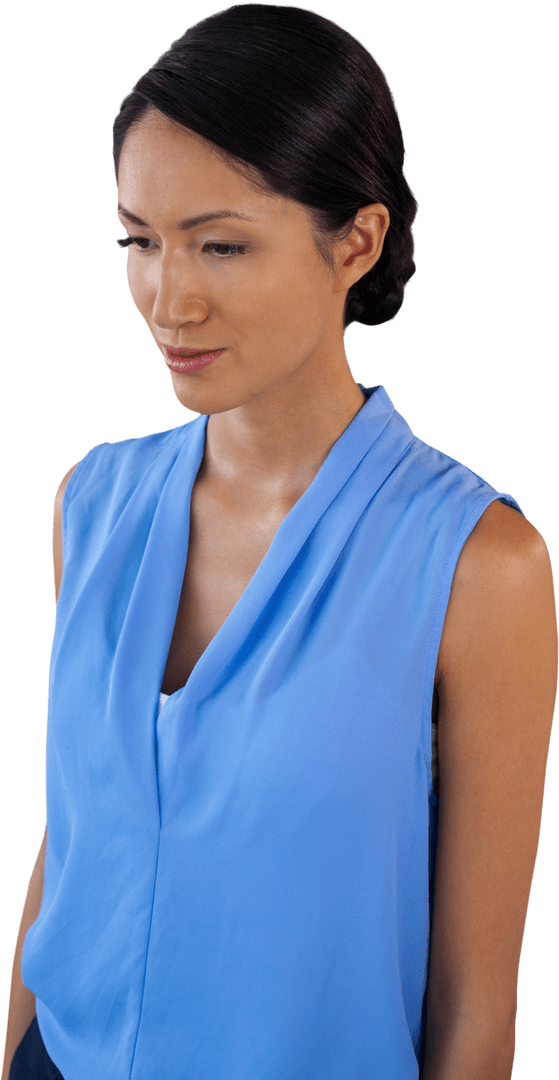 Pensive Businesswoman in Blue Top on Transparent Background