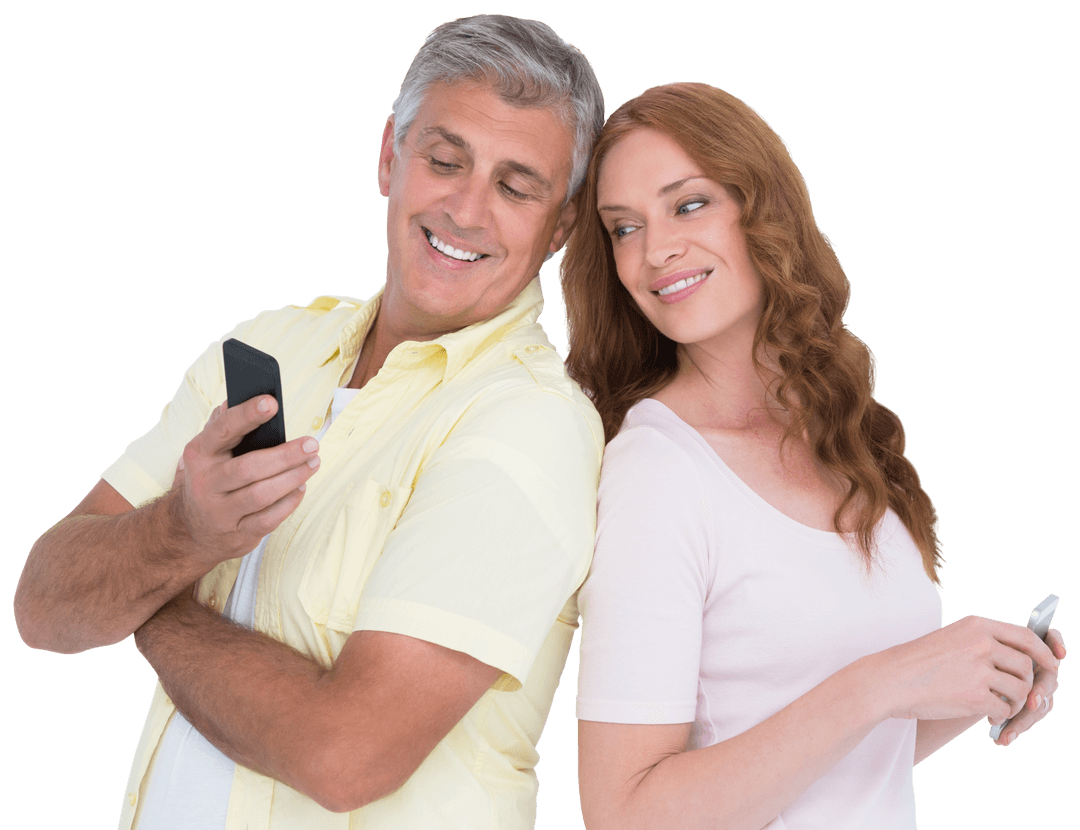 Happy Adult Couple Texting on Transparent White Background