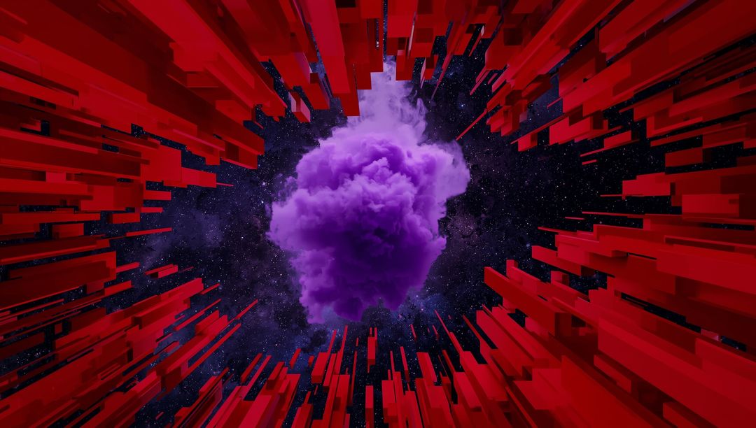 Abstract Cosmos with Purple Cloud and Red 3D Blocks in Space