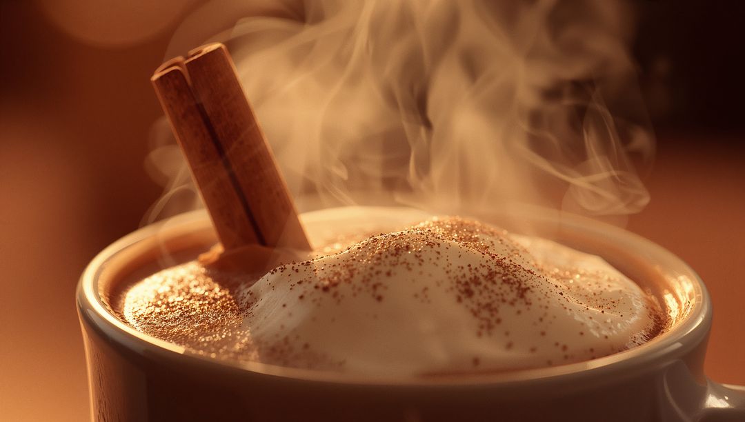 Warm Foaming Beverage with Cinnamon Sticks on Rustic Table