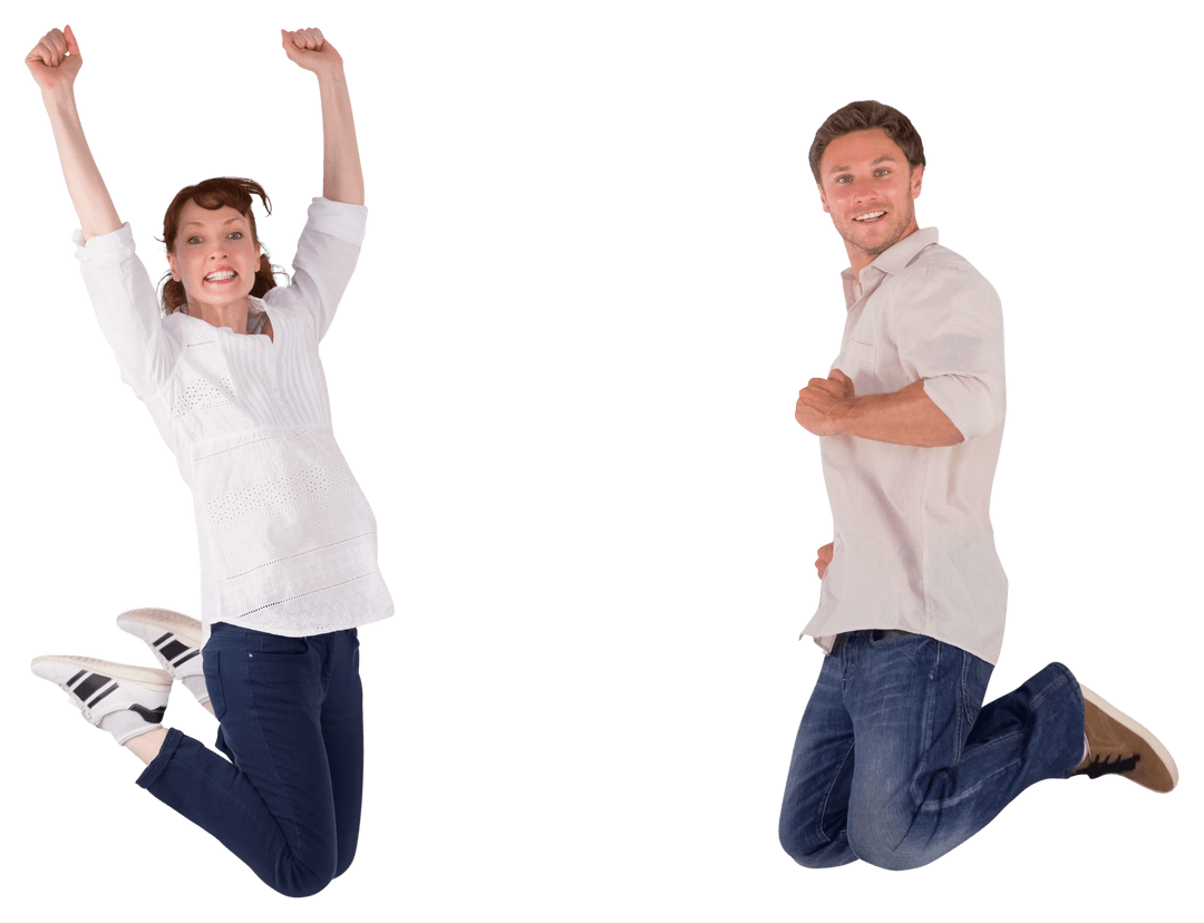 Happy Couple Energetically Jumping with Transparent Background