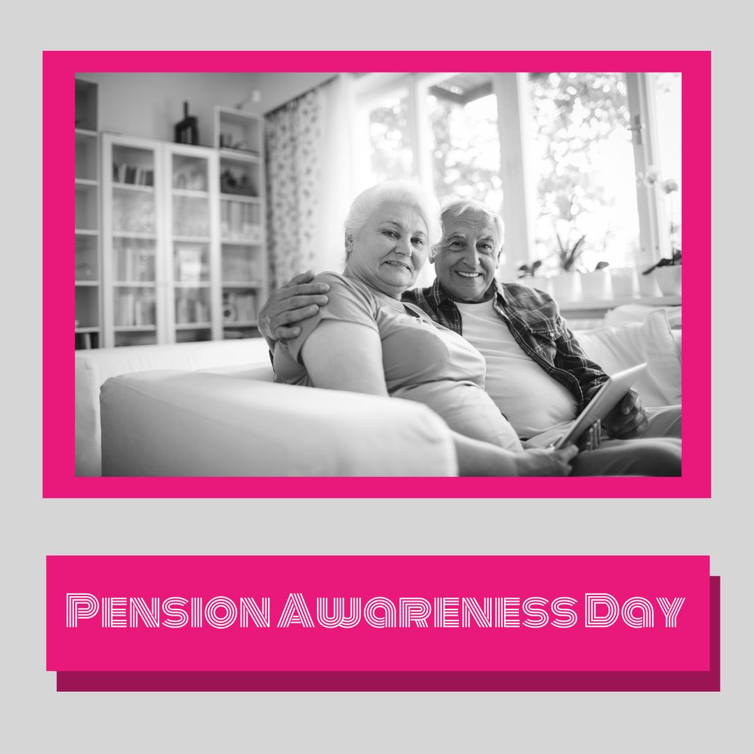 Smiling Senior Couple Sitting at Home Celebrating Pension Awareness Day