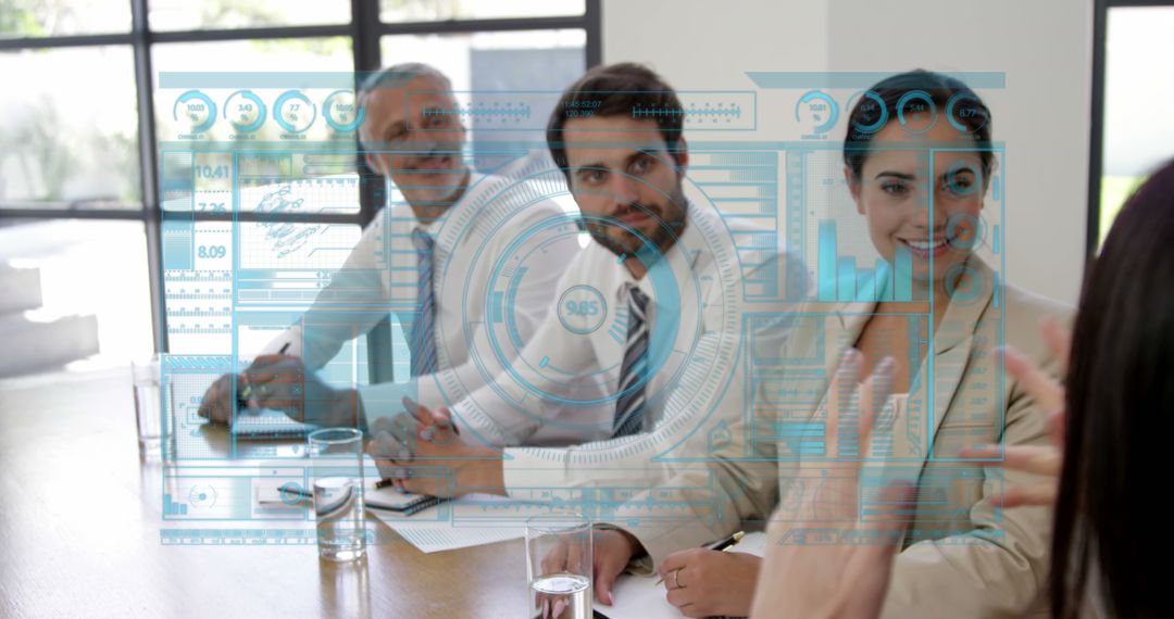 Diverse Professionals Engaged in Futuristic Data Discussion