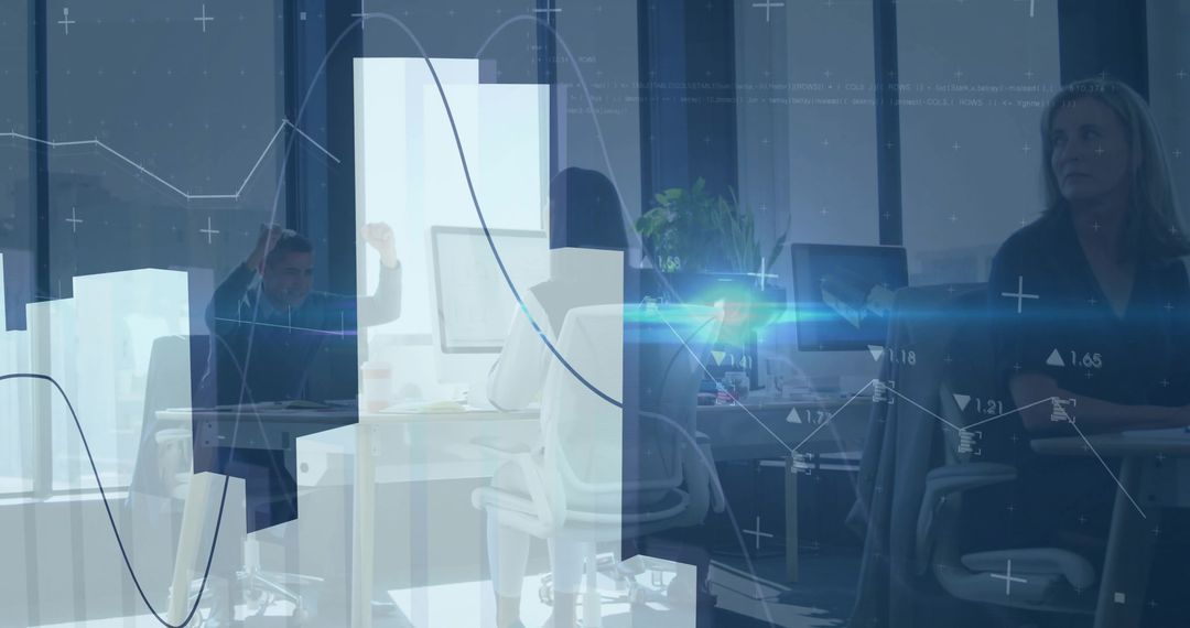 Female Analyst Working at Monitor with Data Visualization Overlays in Modern Open Office