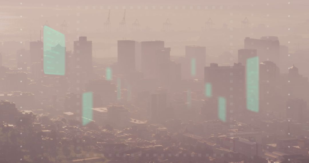 Futuristic Data Processing Over Urban Skyline at Dusk