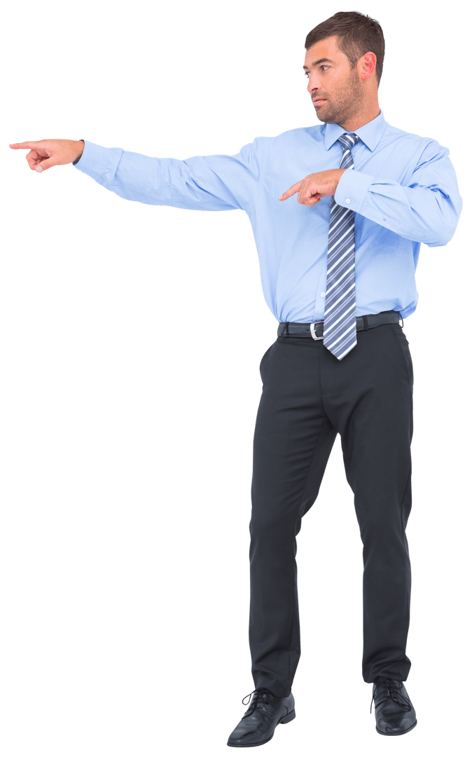Transparent Businessman Pointing Confidently in Blue Shirt