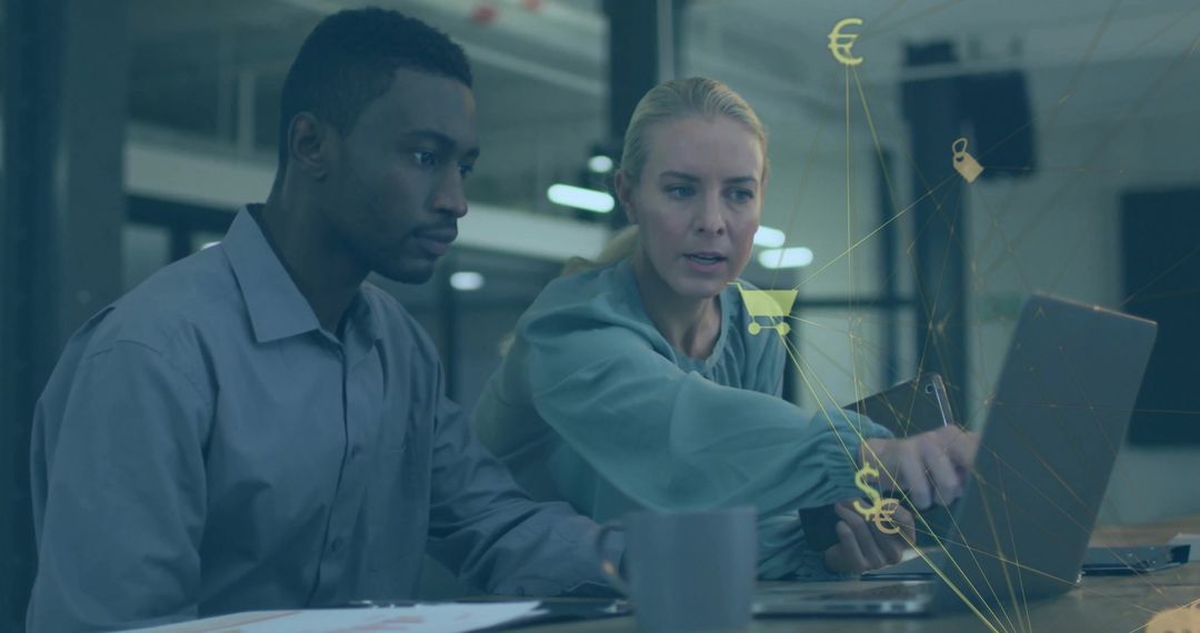 Diverse Colleagues Teaming Up in Modern Workspace with Online Business Icons