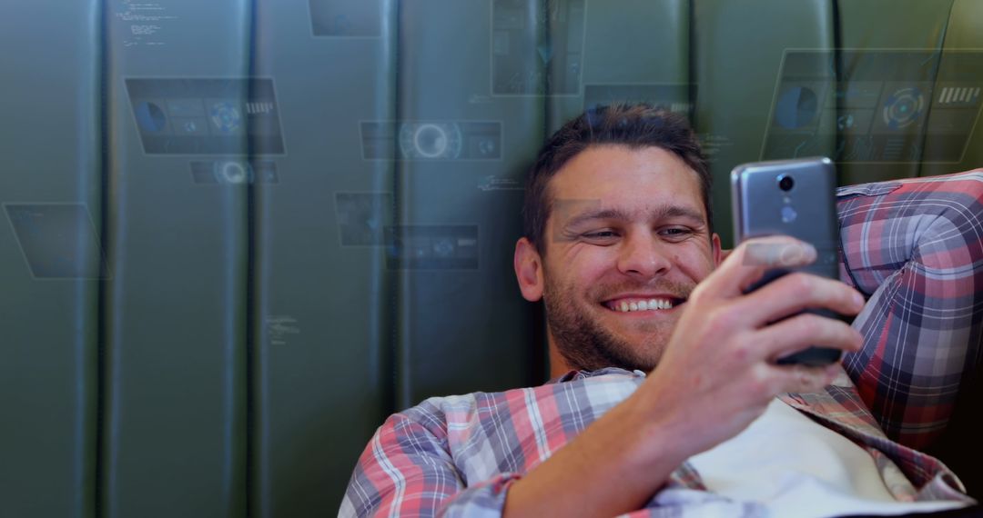 Smiling Man Engaging with Futuristic Digital Interfaces