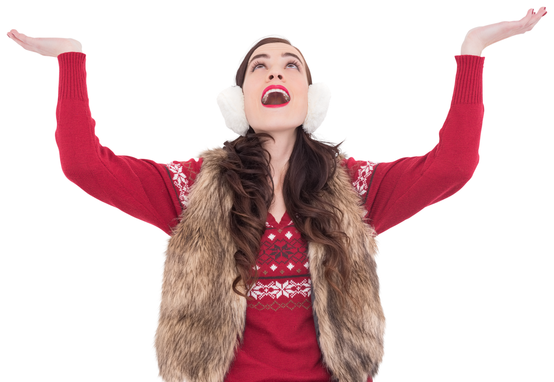 Happy Brunette Woman Looking Up in Winter Clothes Transparent Background - Download Free Stock Images Pikwizard.com