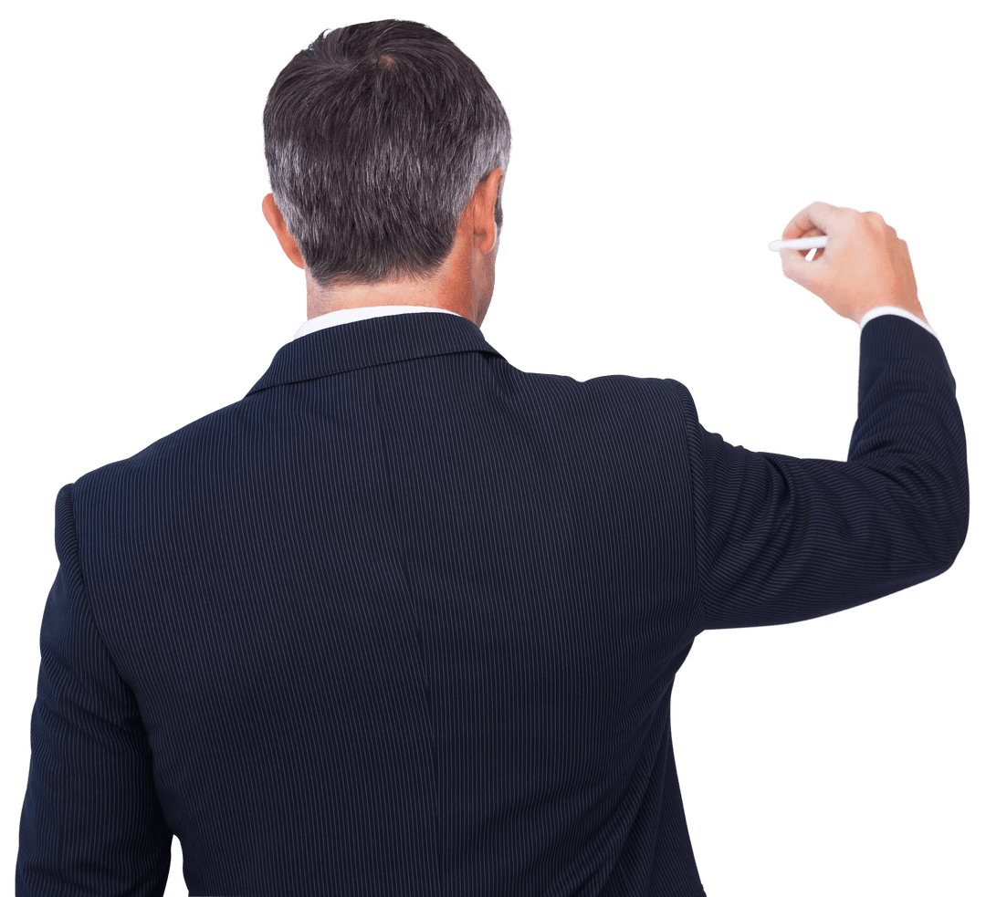 Rear View Businessman Writing on Transparent Background