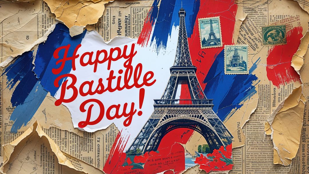 Vintage Bastille Day Art Collage with Eiffel Tower
