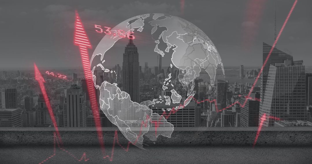 Red Graph Arrows Overlaying Globe and Cityscape Indicating Economic Growth