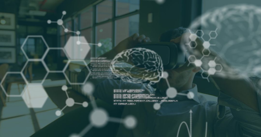 Businessman Exploring Virtual World with Scientific Graphics Overlay