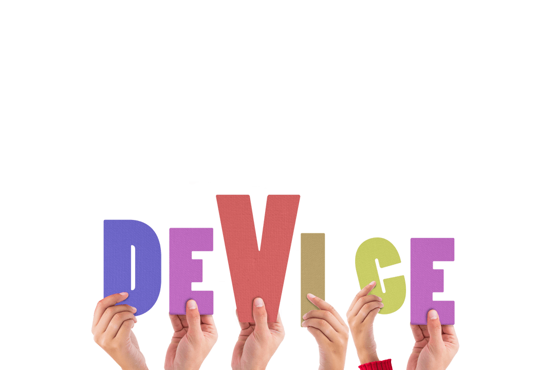 Hands Holding Colorful Transparent Device Lettering