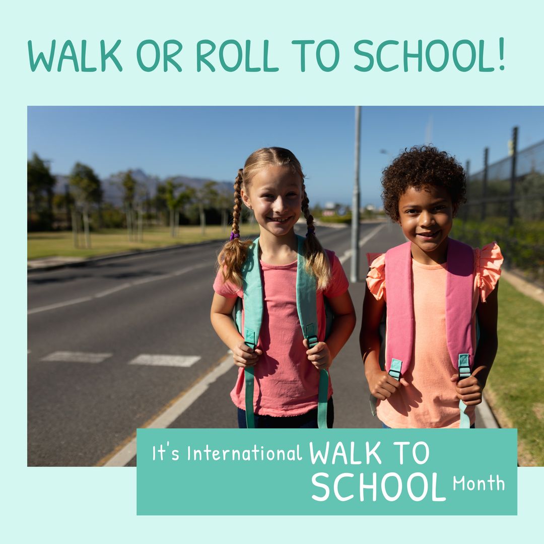 Happy girls standing on road and walk or roll to school, it's international walk to school month - Download Free Stock Templates Pikwizard.com