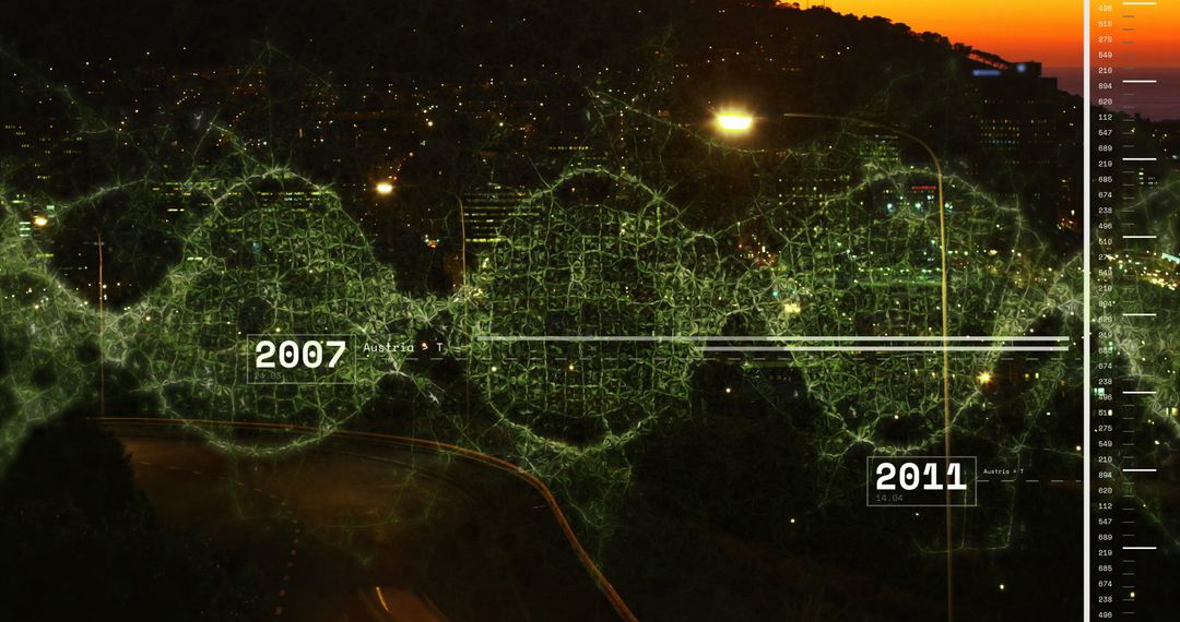 Futuristic Data Overlay on Cityscape at Dusk