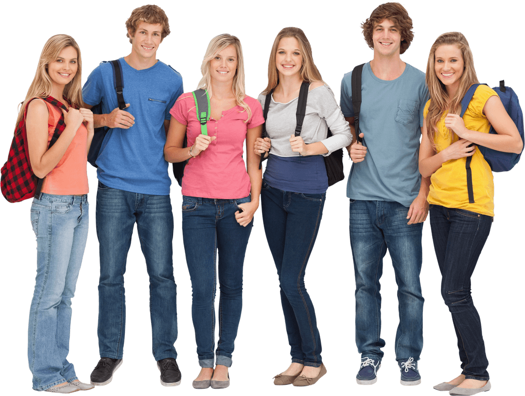 Transparent Background Smiling Group of Young Adults with Backpacks