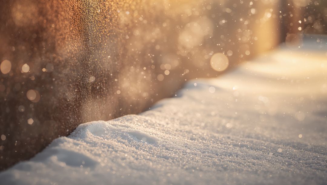 Glittering snow-covered ledge catching warm golden backlight with floating bokeh, frost