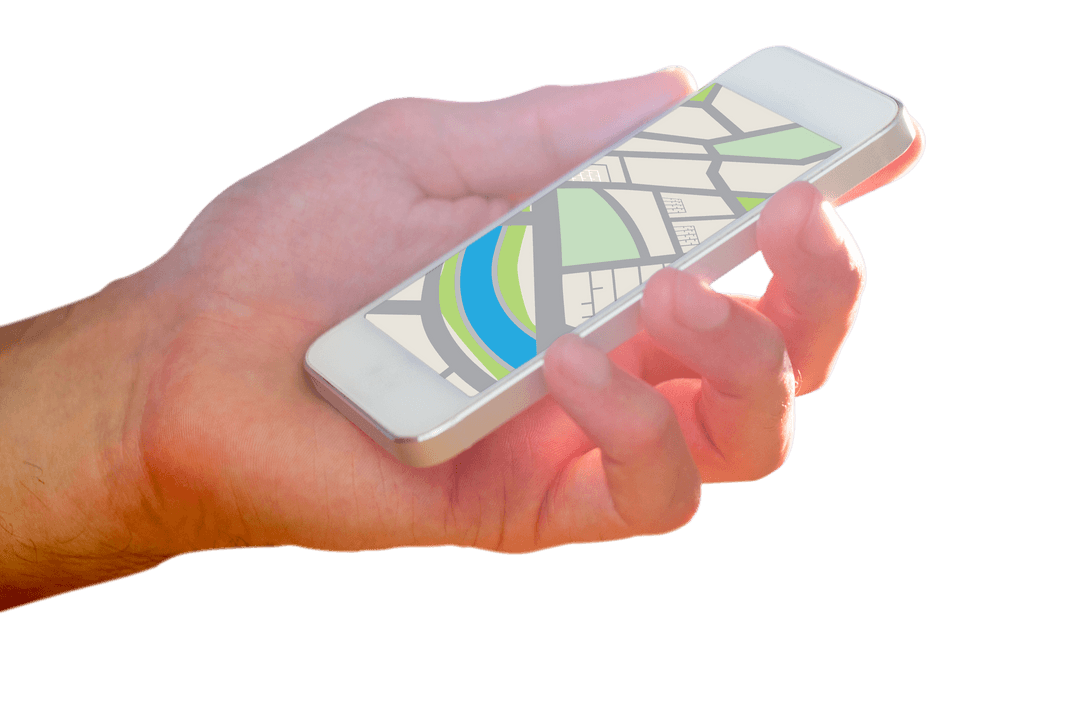 Hand Holding Smartphone with Transparent Map Application Interface