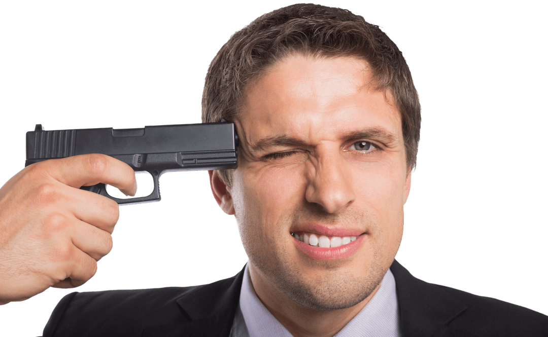 Caucasian Businessman Facing Stress with Gun on Transparent Background