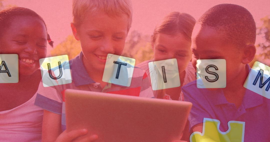 Children Using Tablet Promoting Autism Awareness with Puzzle Piece Overlay