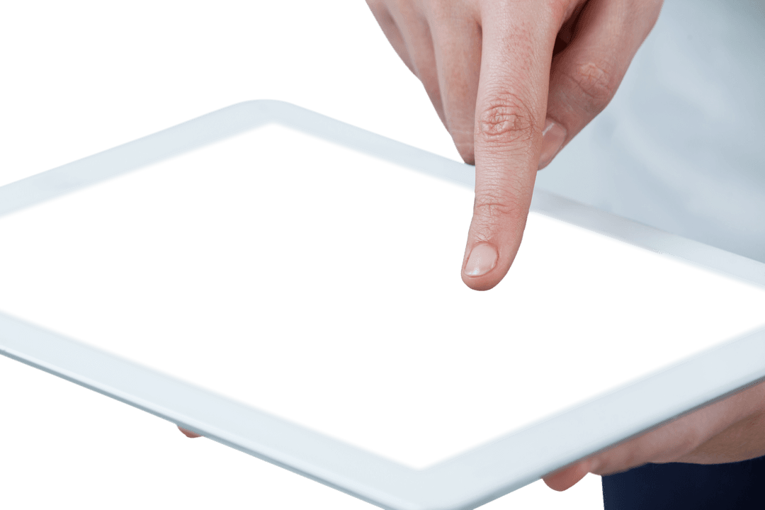 Close-up of Hands Interacting with Transparent Tablet on White Background