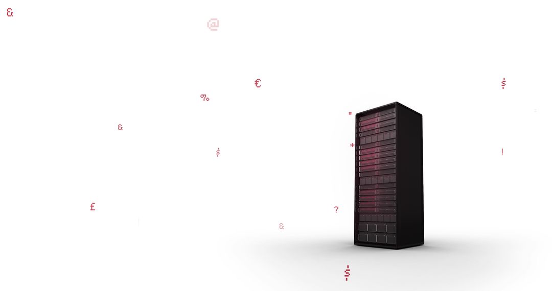 Server Tower Surrounded by Floating Digital Currency Symbols