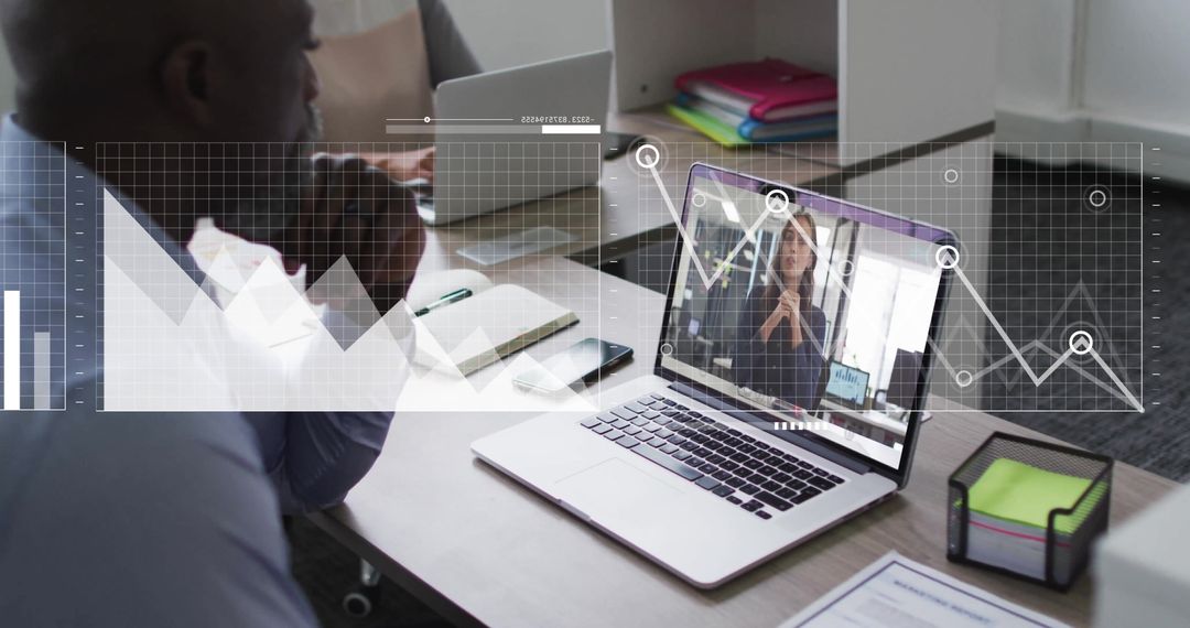 Diverse Colleagues Video Conferencing Amidst Digital Data Overlay