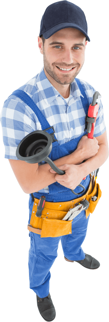 Transparent Young Plumber Carrying Plunger and Wrench Smiling