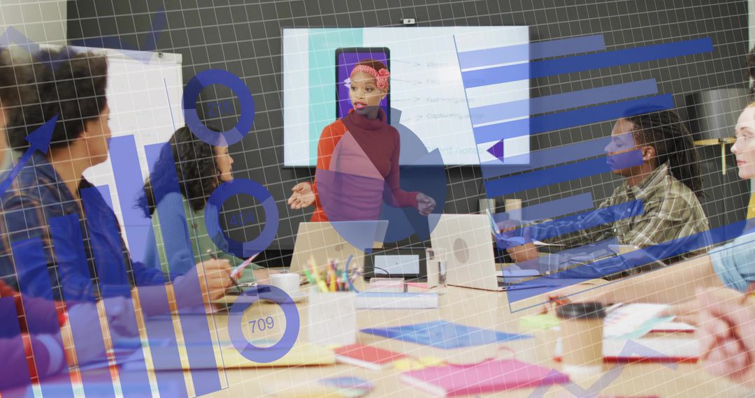 Woman presenting analytics overlays to team during collaborative office meeting
