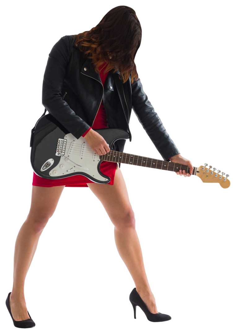 Brunette Woman in Black Biker Jacket Playing Electric Guitar, Transparent Background - Download Free Stock Images Pikwizard.com