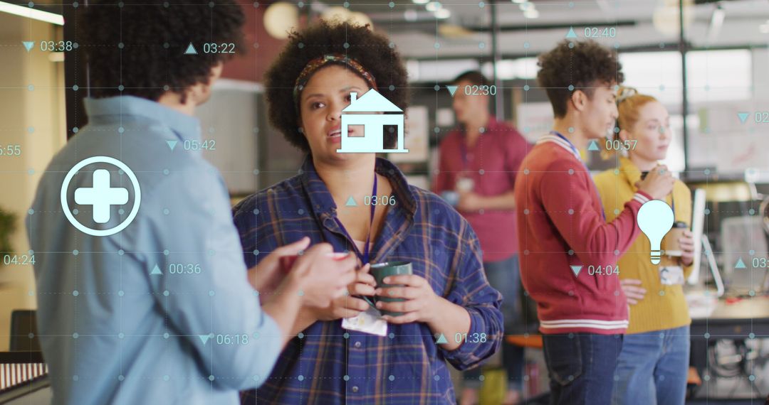 Diverse Professionals Discussing Concepts with Digital Overlay Icons