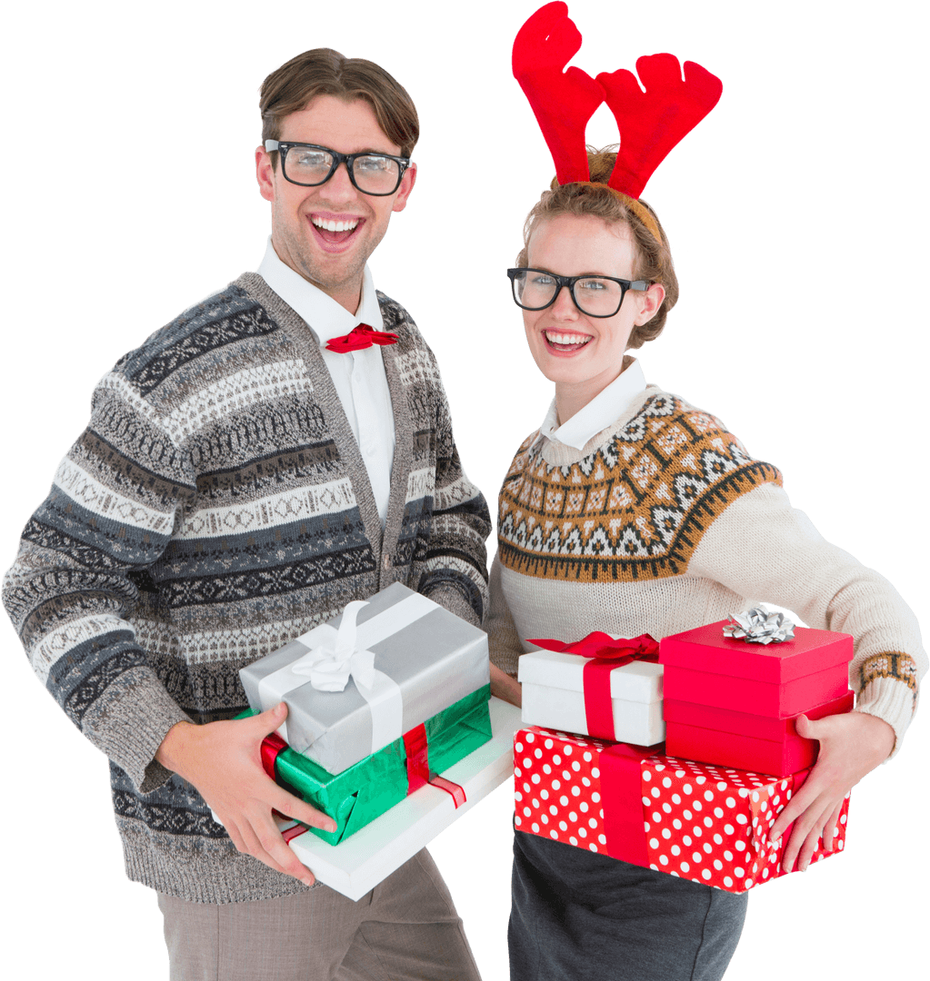 Smiling Couple with Christmas Gifts Transparent Background