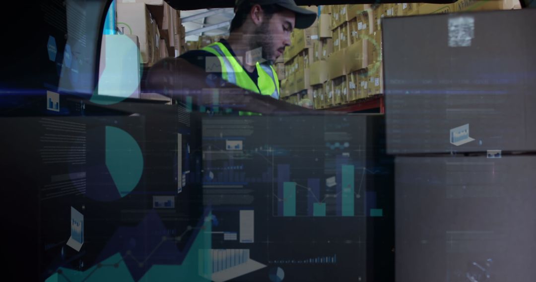 Man Packing Boxes in Warehouse with Data Visualization Overlay